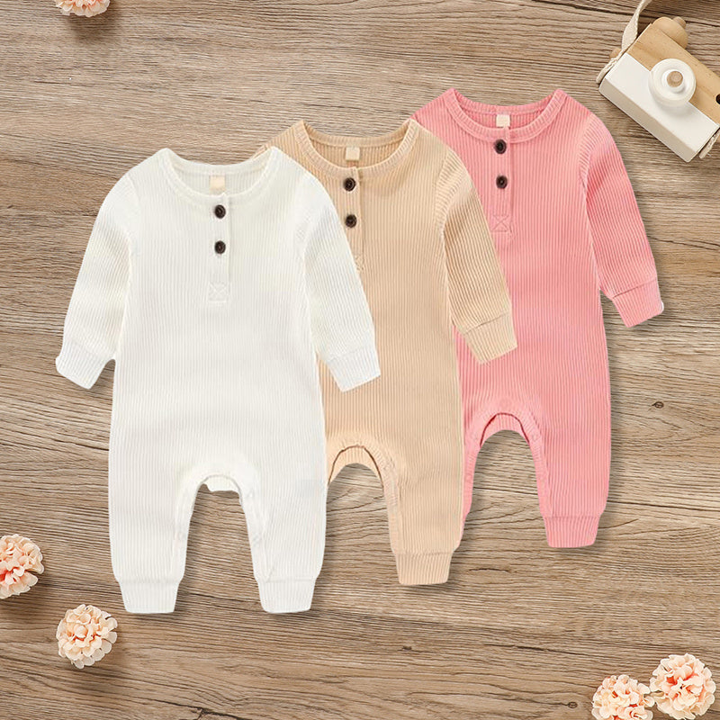 3-Pack Newborns Infants Baby Boys & Girls Long Sleeve Ribbed Romper Soft Button Front Jumpsuit